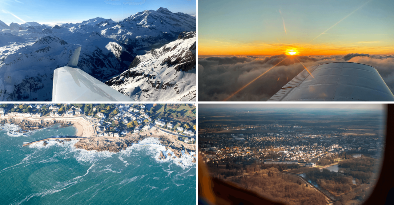 Collage de 4 photos de vols (hiver, printemps, automne, été)