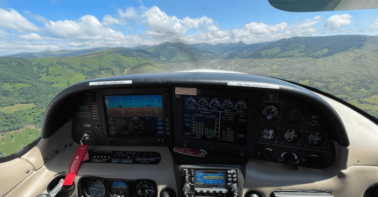 Picture of a private plane cockpit taken during a flight